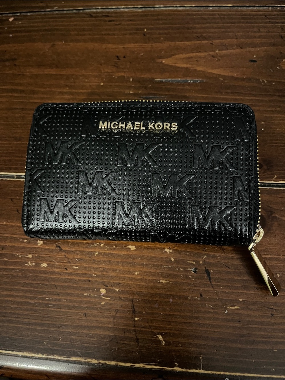 Michael Kors Black Embossed MK Zip Card Holder with Gold Hardware